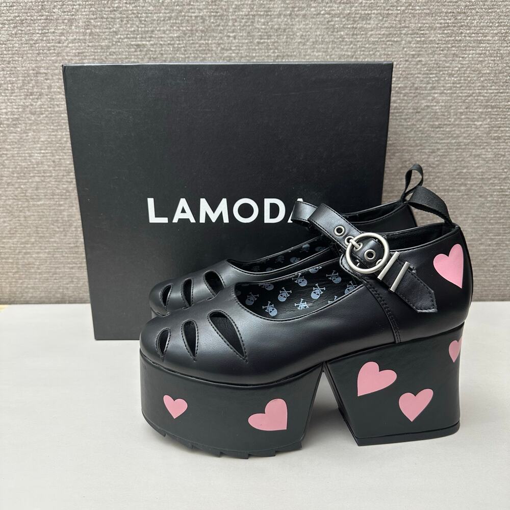 Dolls Kill LAMODA Hung Up Black Chunky Platform Heels Pink Heart 9 Lolita Goth